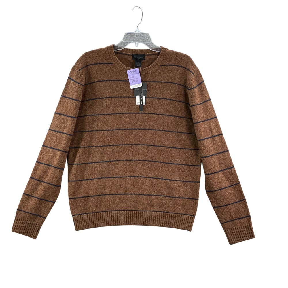 Magaschoni Sweater Men's Medium Brown Striped Wool Blend Crew Neck Pullover NWT